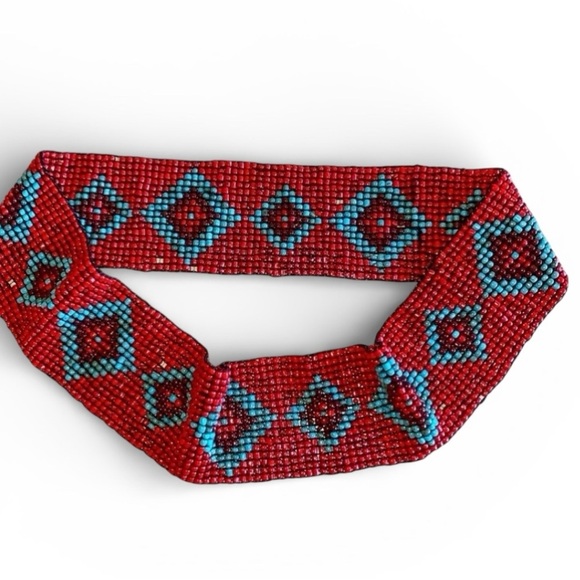 BEADED STATEMENT BELT red, blue/maroon diamonds. Stretchy. VINTAGE, ARTISAN M main image 4